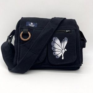 Lukla Black Messenger Bag with Butterfly Embroidery